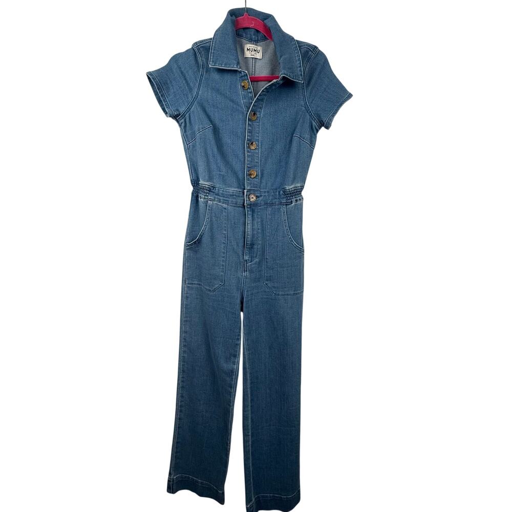 Show Me Your Mumu Denim Utility Jumpsuit Small Short Sleeve Button Front BOHO